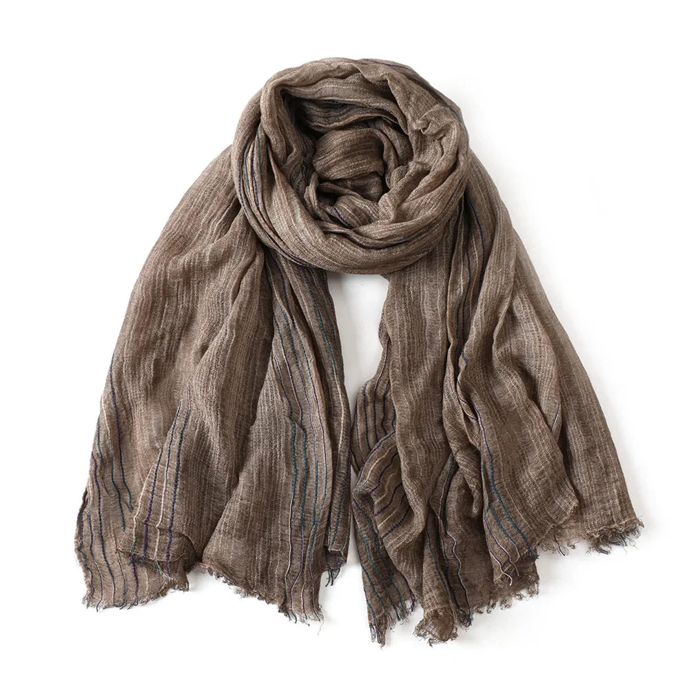 Scarf Cotton-Linen Striped Lightweight With Fringe
