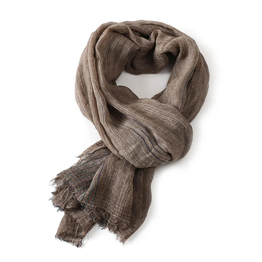Scarf Cotton-Linen Striped Lightweight With Fringe