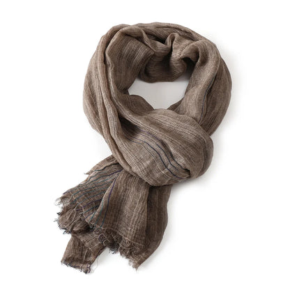 Scarf Cotton-Linen Striped Lightweight With Fringe