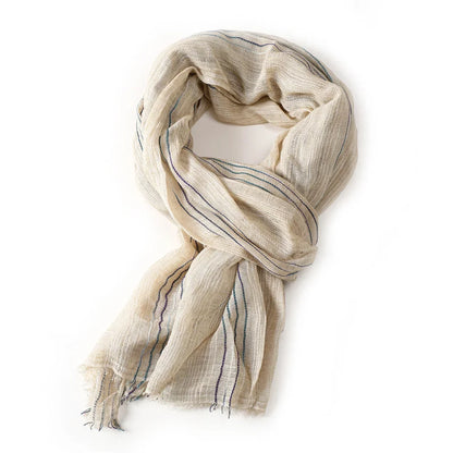 Scarf Cotton-Linen Striped Lightweight With Fringe