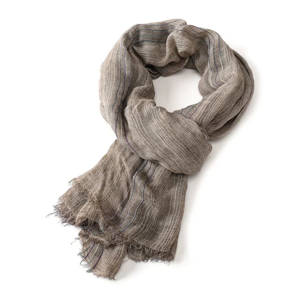 Scarf Cotton-Linen Striped Lightweight With Fringe