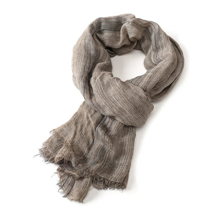 Scarf Cotton-Linen Striped Lightweight With Fringe