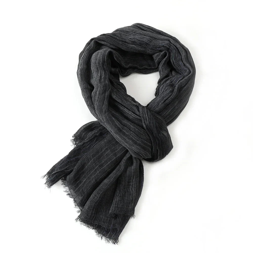 Scarf Cotton-Linen Striped Lightweight With Fringe