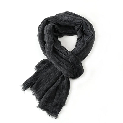 Scarf Cotton-Linen Striped Lightweight With Fringe