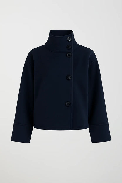 Short Jacket Asymmetrical Closure Large Collar & Lined Interior