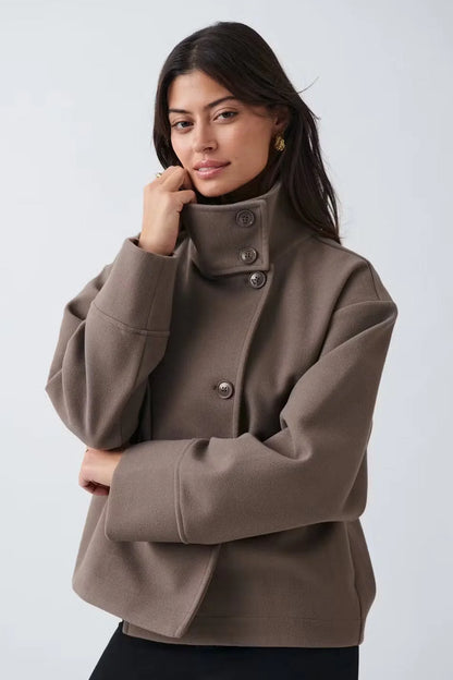 Short Jacket Asymmetrical Closure Large Collar & Lined Interior