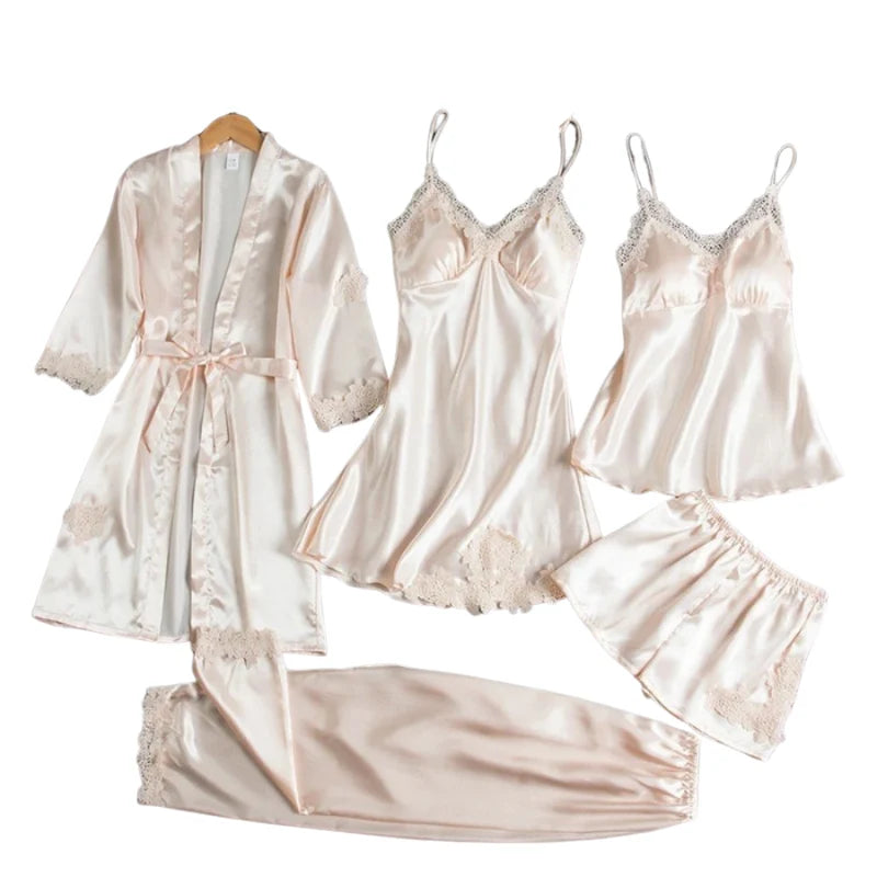 Sleepwear Set Satin & Lace Five Piece