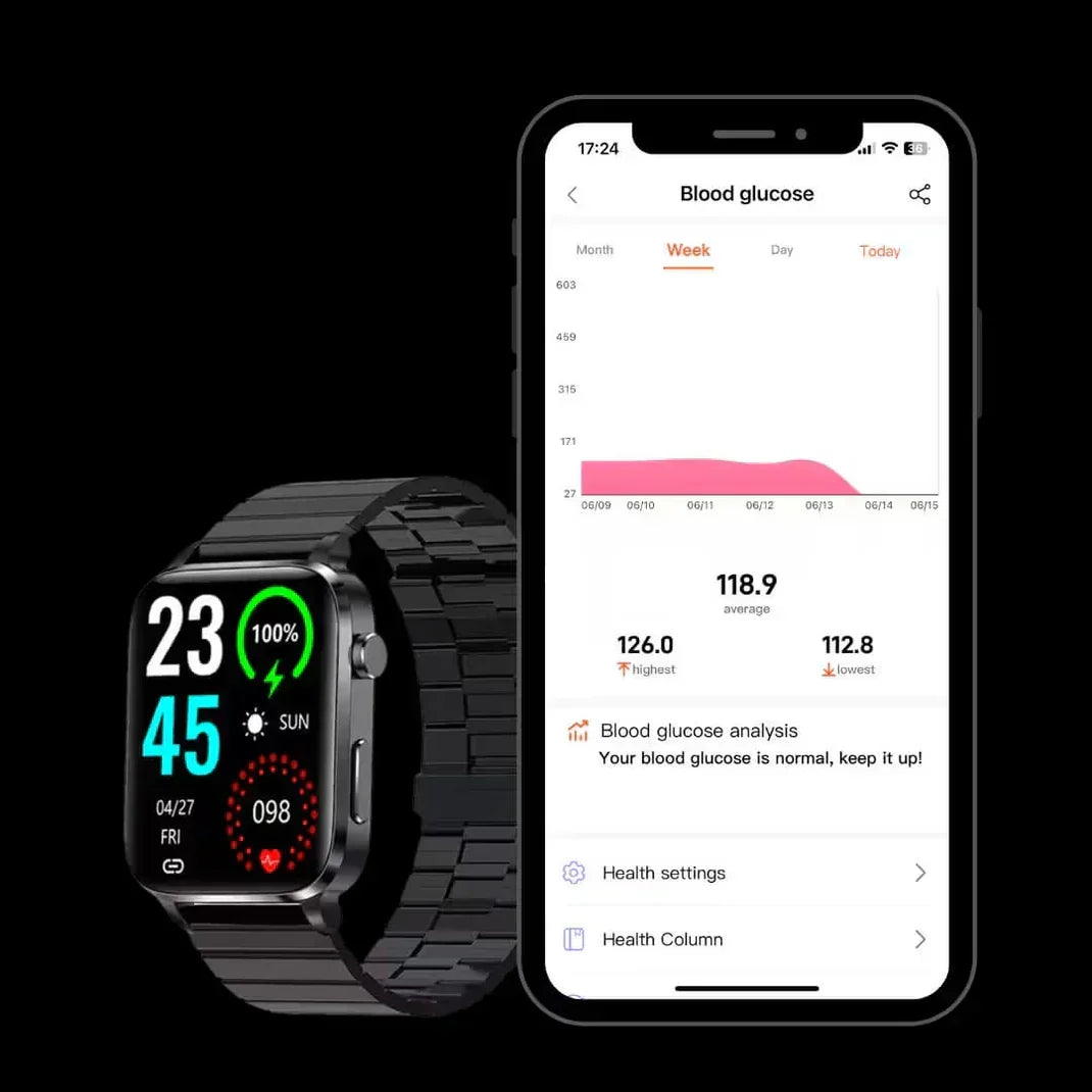Smart Watch Laser Blood Sugar Tracking App Alerts