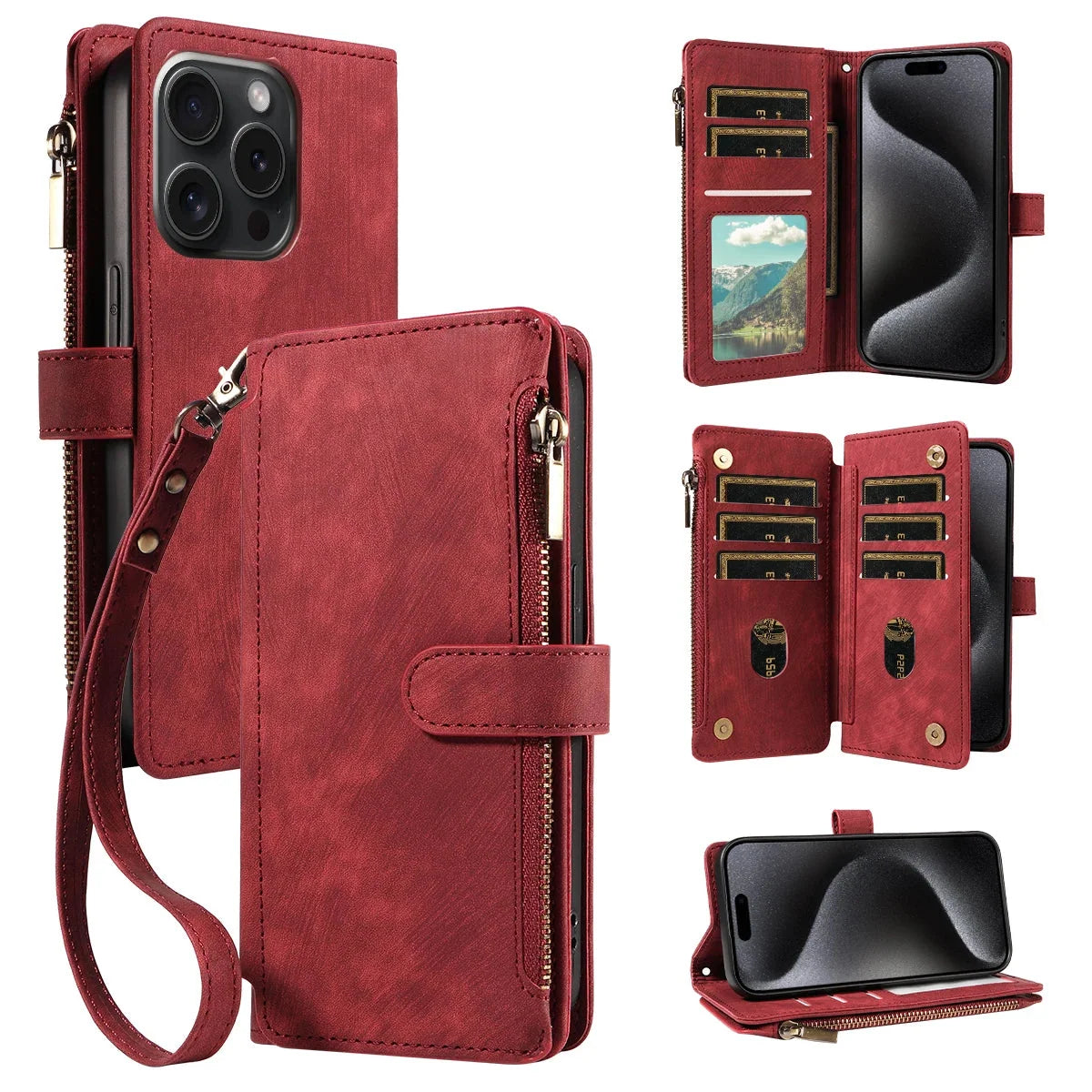 Smartphone Wallet Case Faux Leather Flip Cover Wrist Strap