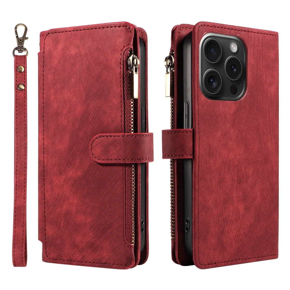 Smartphone Wallet Case Faux Leather Flip Cover Wrist Strap