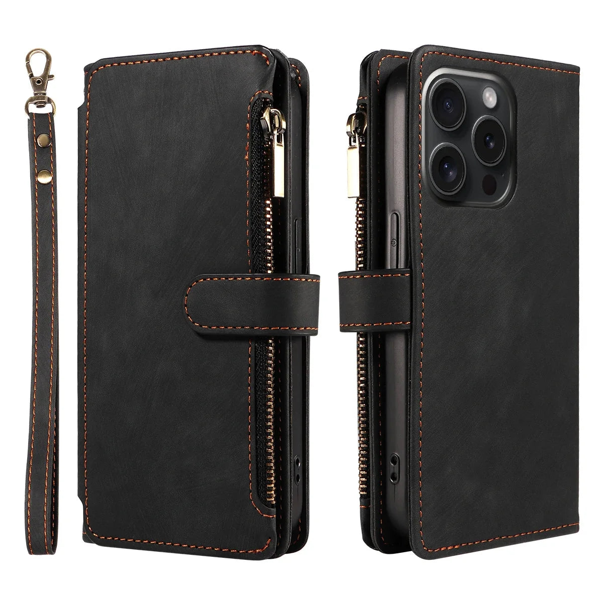 Smartphone Wallet Case Faux Leather Flip Cover Wrist Strap