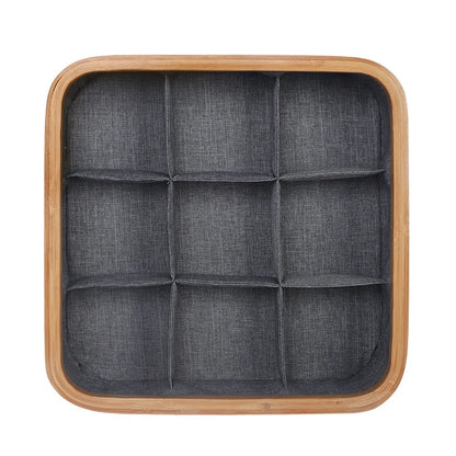 Storage Tray Bamboo Multi-Compartment Fabric-Lined