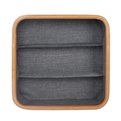 Storage Tray Bamboo Multi-Compartment Fabric-Lined