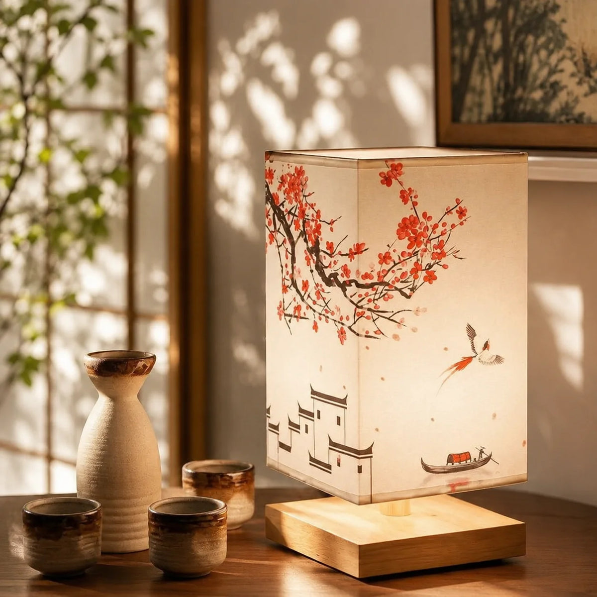 Table Lamp Flower-Shaped Fabric Shade Bamboo Base