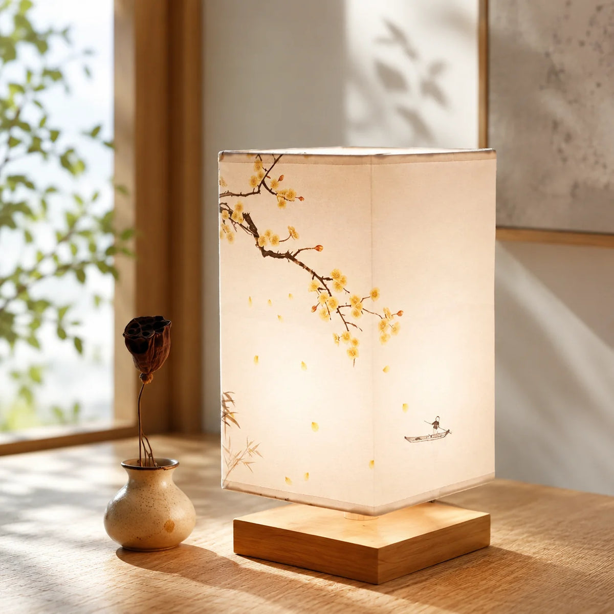 Table Lamp Flower-Shaped Fabric Shade Bamboo Base