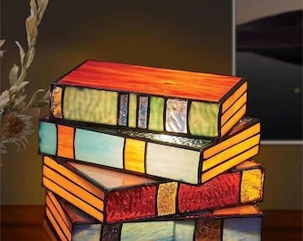 Table Lamp Stained Glass Stacked Books Design Tiffany-Style
