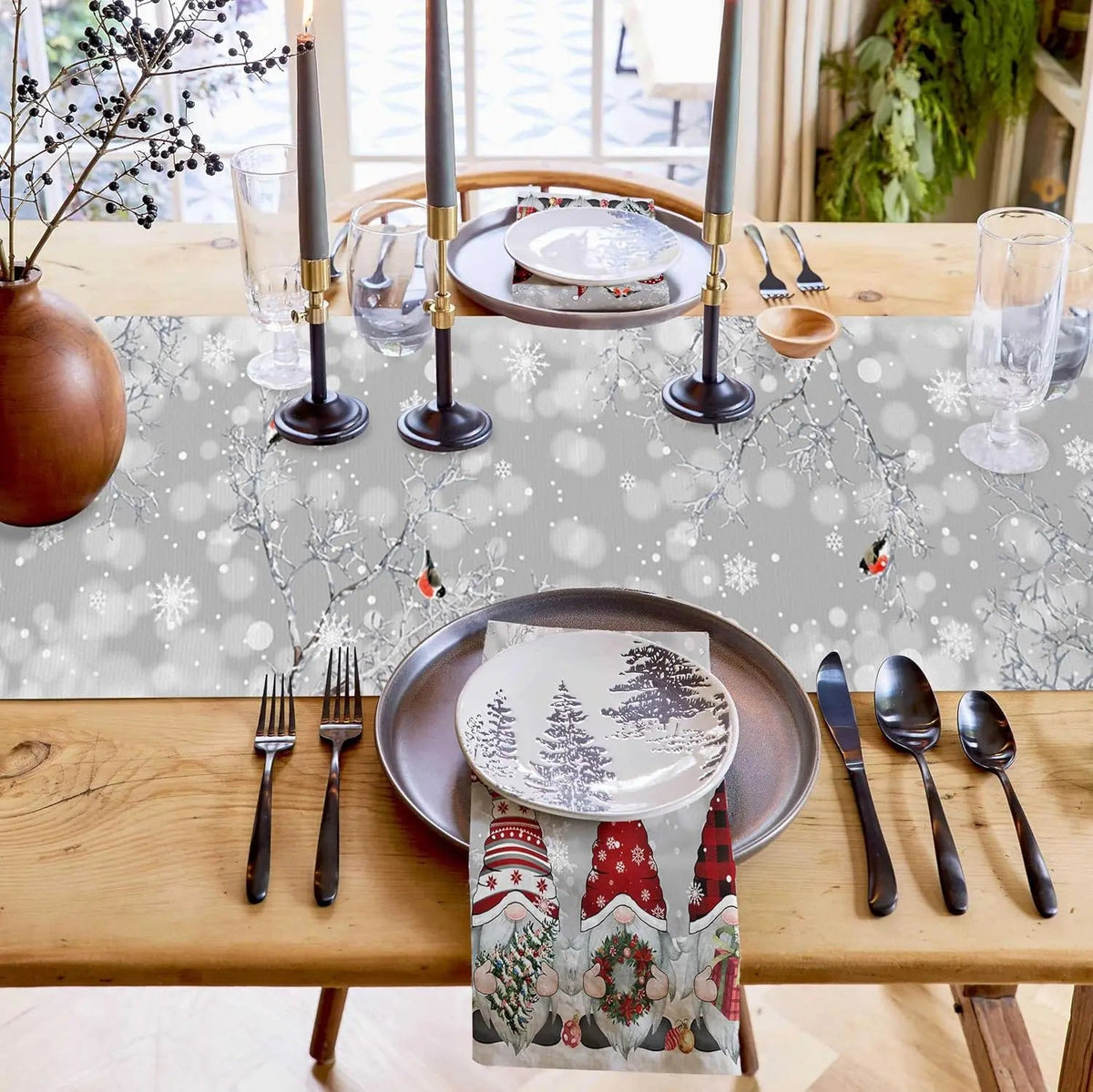 Table Runner 100% Linen Snowflake & Gnome Design