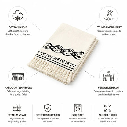 Table Runner Cotton Blend Ethnic Embroidery Fringe