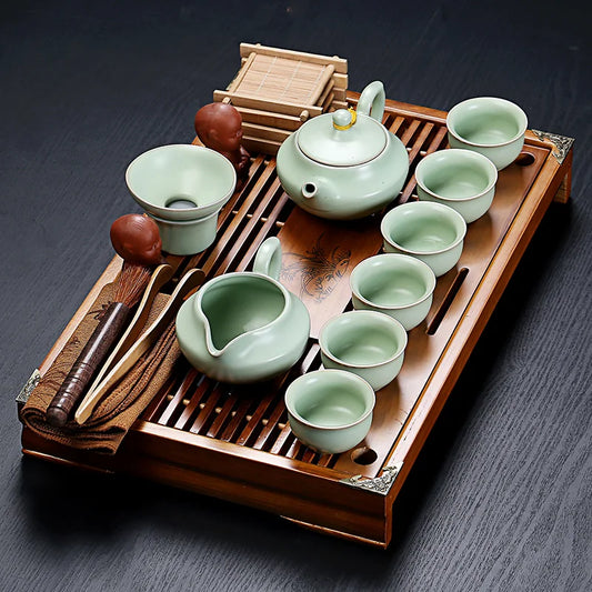 Tea Tray Set Handcrafted Ceramic For Six