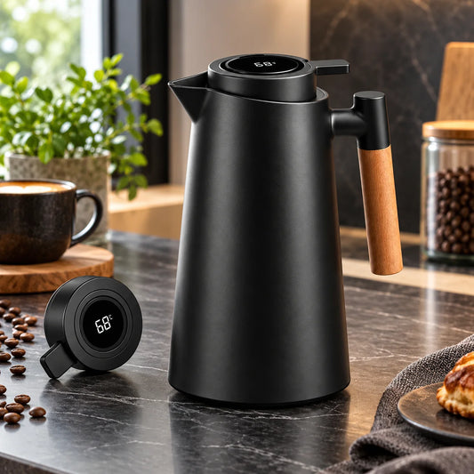 Thermal Carafe Double-Wall Insulated Built-In Digital Display Wood Handle