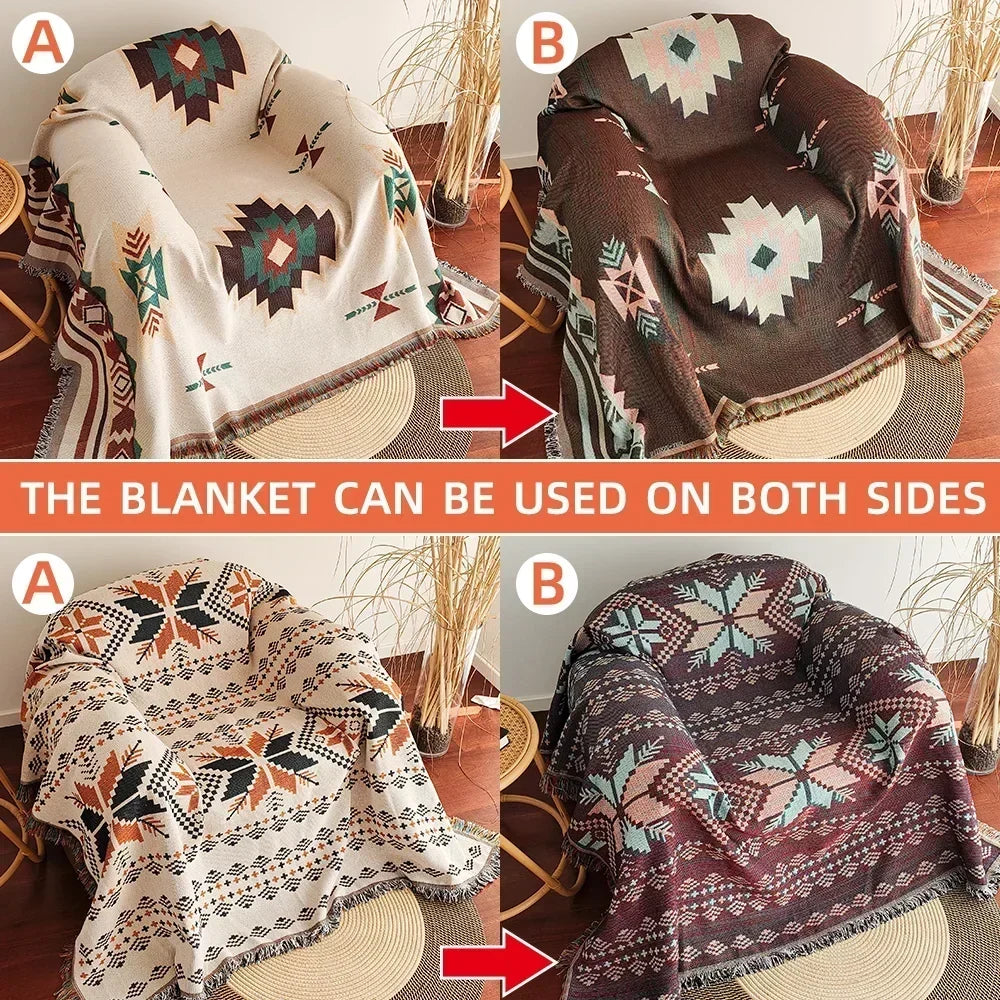 Throw Blanket Oversized Reversible Boho Aztec Cotton-Poly Blend