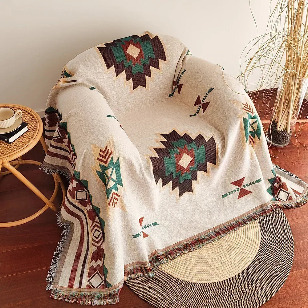 Throw Blanket Oversized Reversible Boho Aztec Cotton-Poly Blend