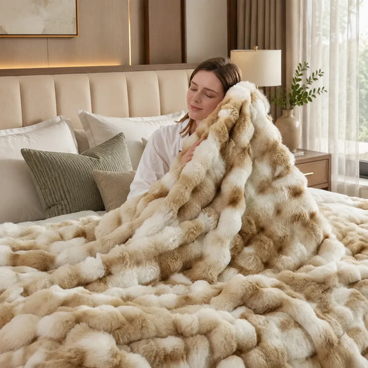 Throw Blanket Reversible Faux Fur & Velvet Reinforced Stitched Edge