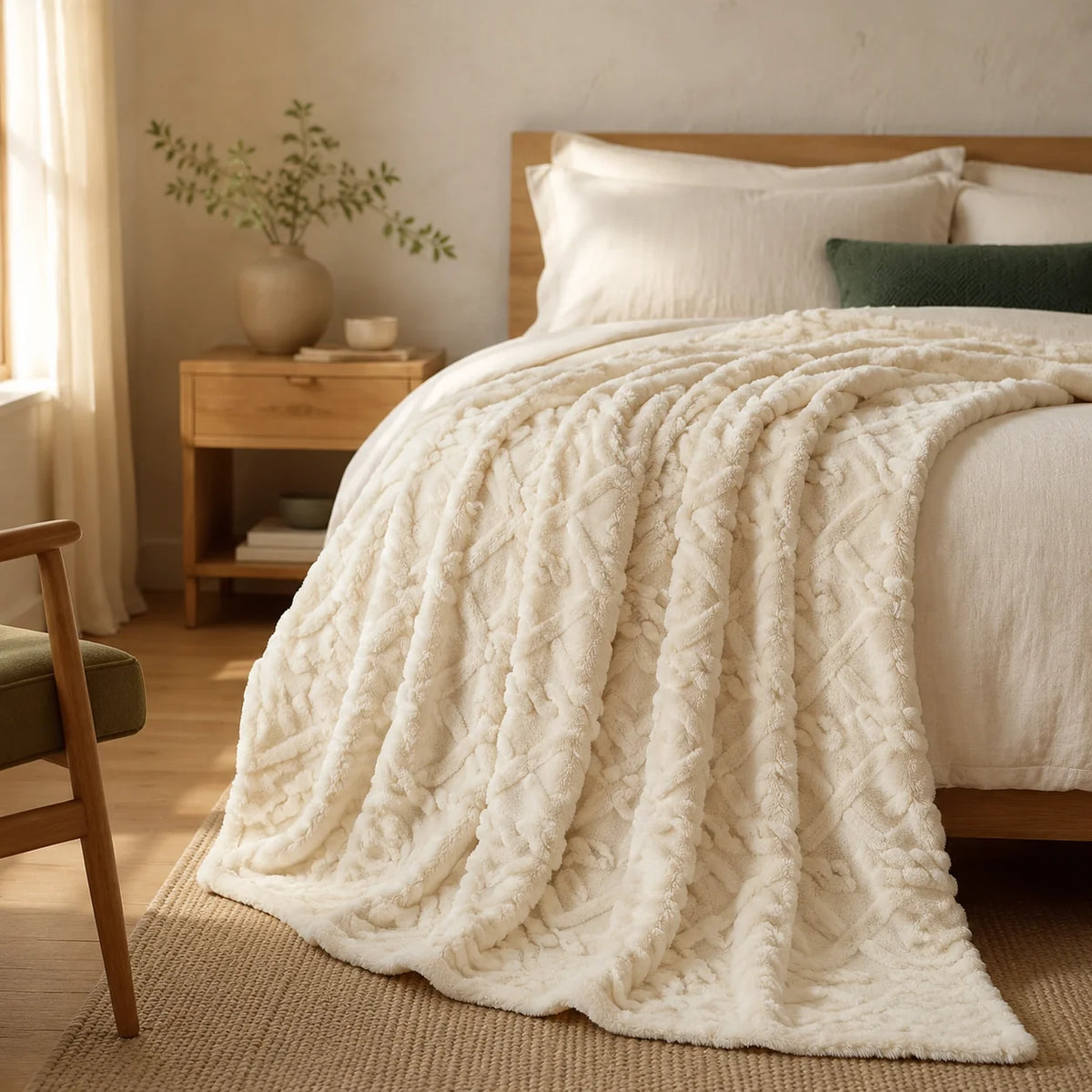 Throw Blanket Ruched Faux Fur Microfiber Blend