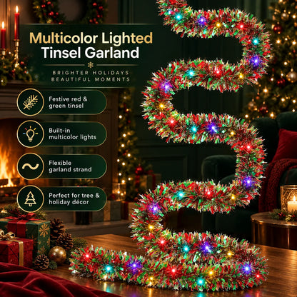 Tinsel Garland Battery-Operated Warm LED 16.4 Ft