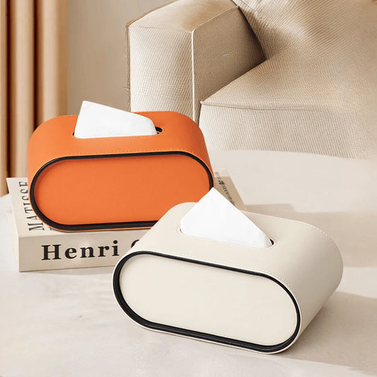 Tissue Box Cover Oval Leather With Contrasting Piping