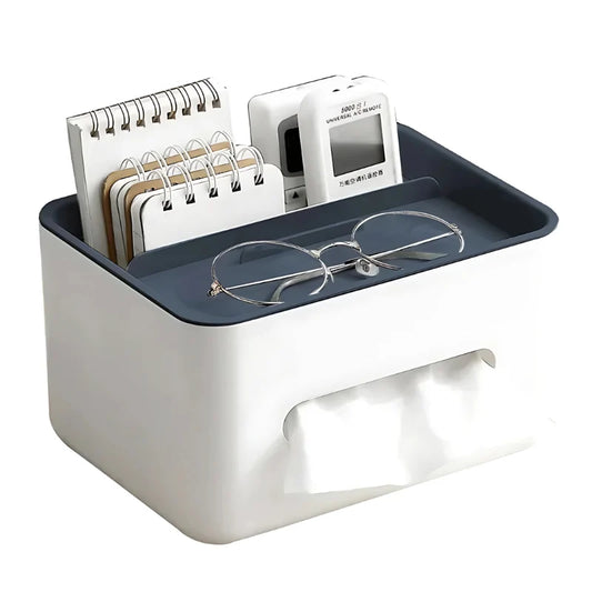 Tissue & Desk Organizer Multi-Compartment Phone & Remote Storage