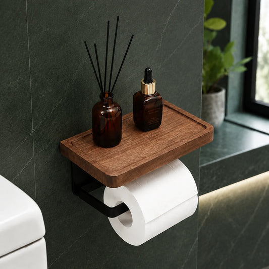 Toilet Paper Holder Wall-Mounted Wood Shelf & Black Metal