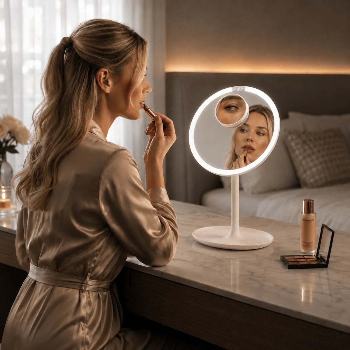 Travel Makeup Mirror 5x Magnification Dimmable LED USB Rechargeable