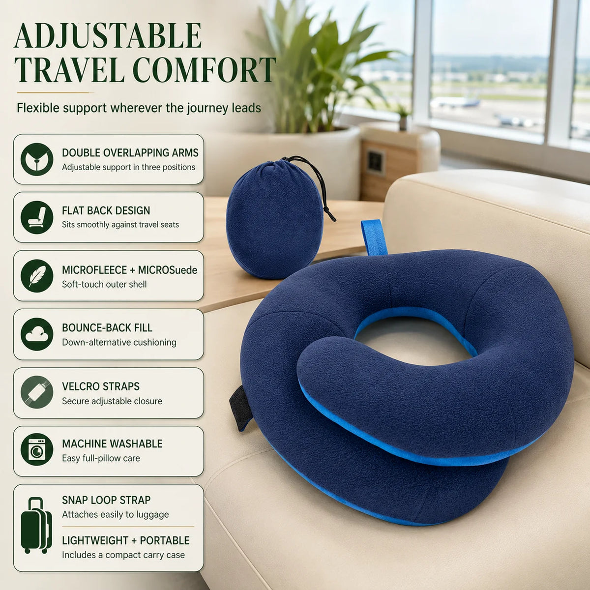 Travel Neck Pillow Adjustable Wrap-Style Microfleece & Microsuede