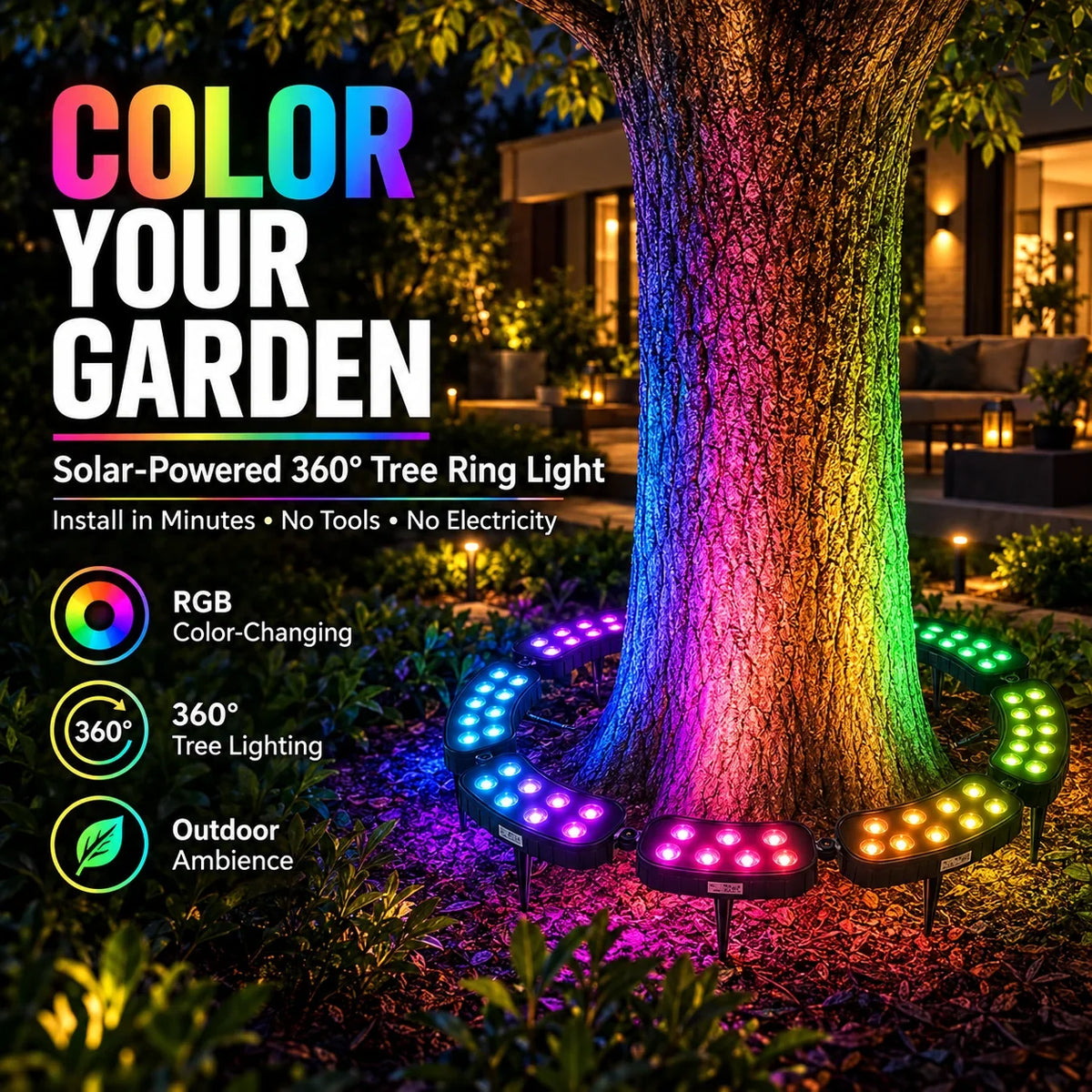 Tree Ring Light Solar-Powered RGB Modular 360-Degree Design