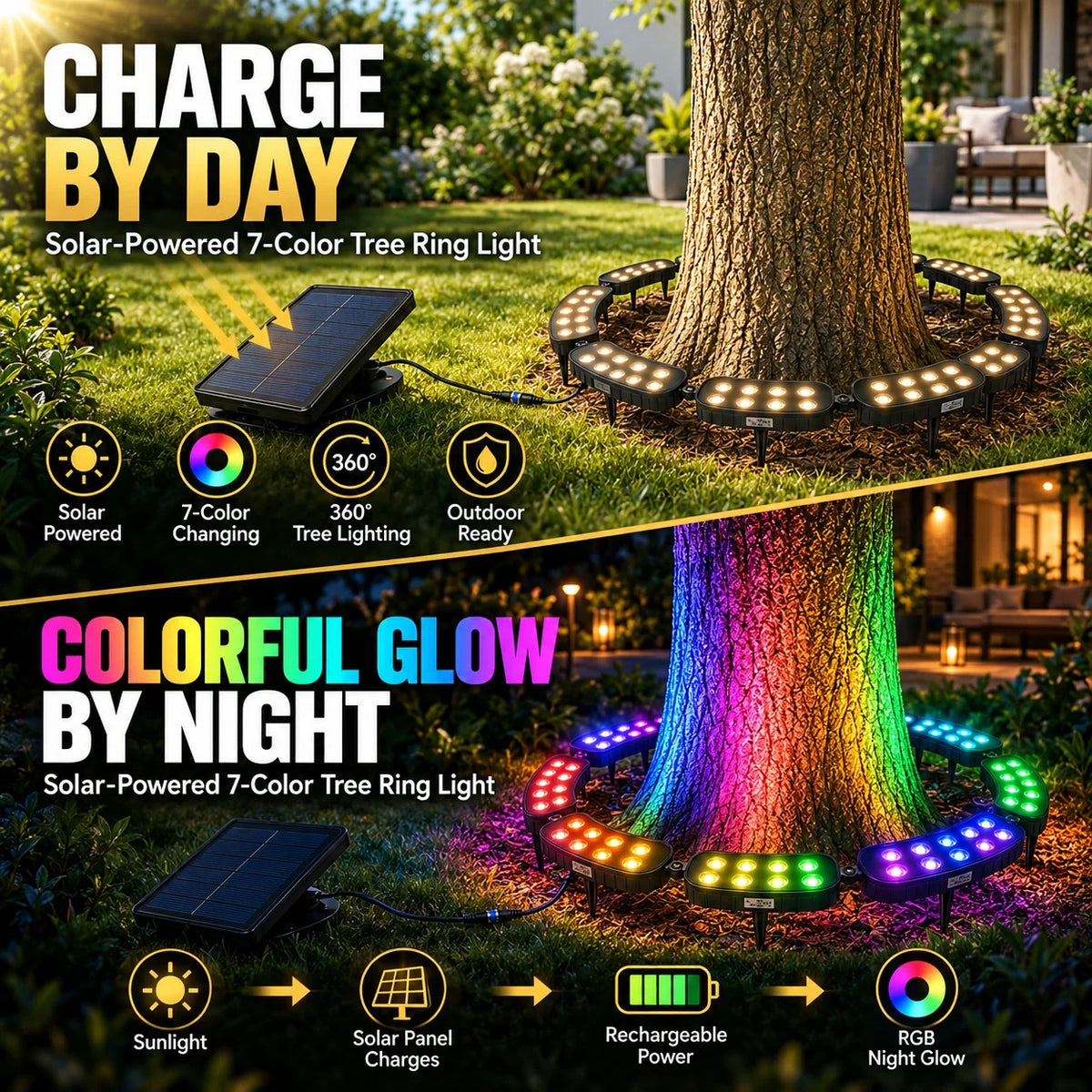 Tree Ring Light Solar-Powered RGB Modular 360-Degree Design