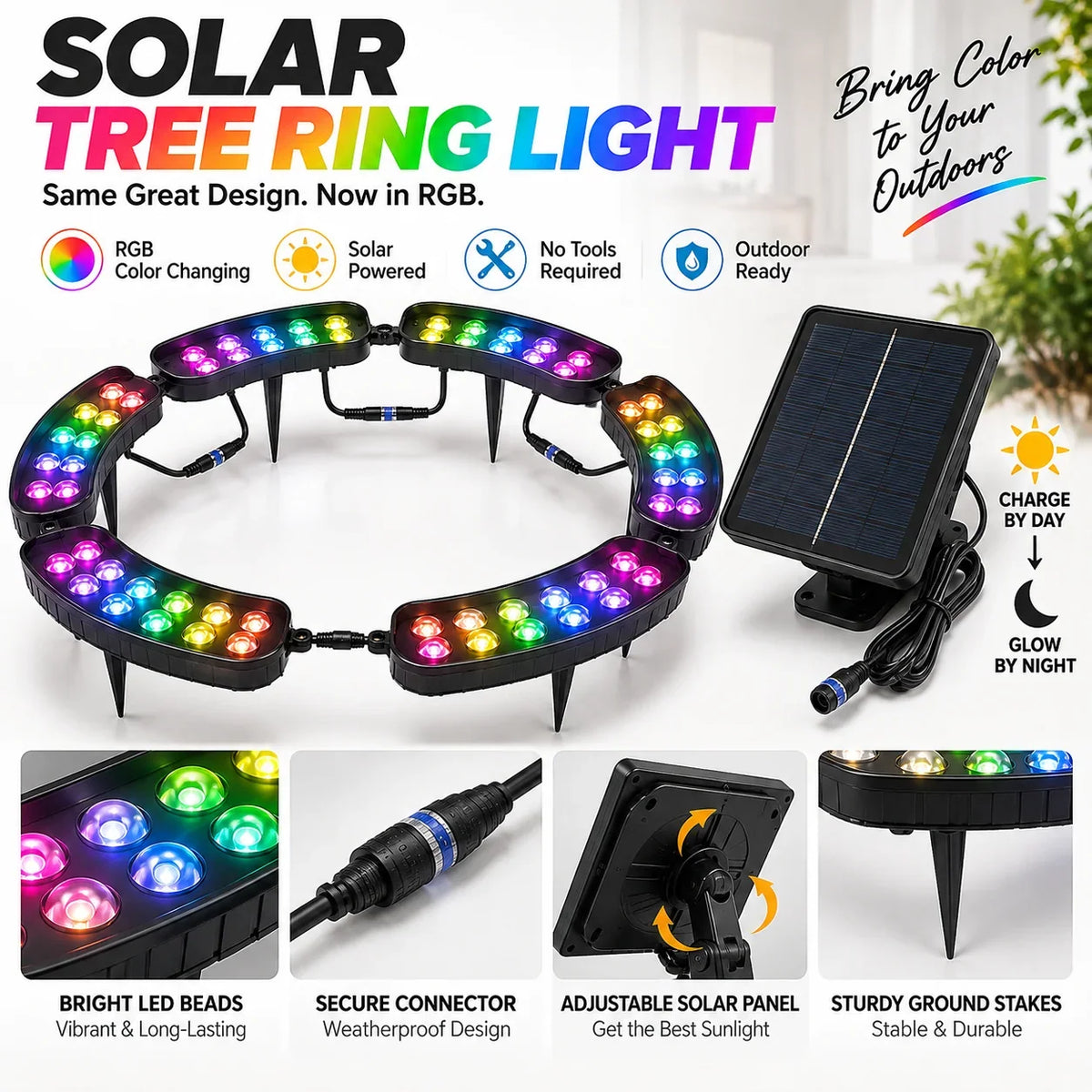 Tree Ring Light Solar-Powered RGB Modular 360-Degree Design