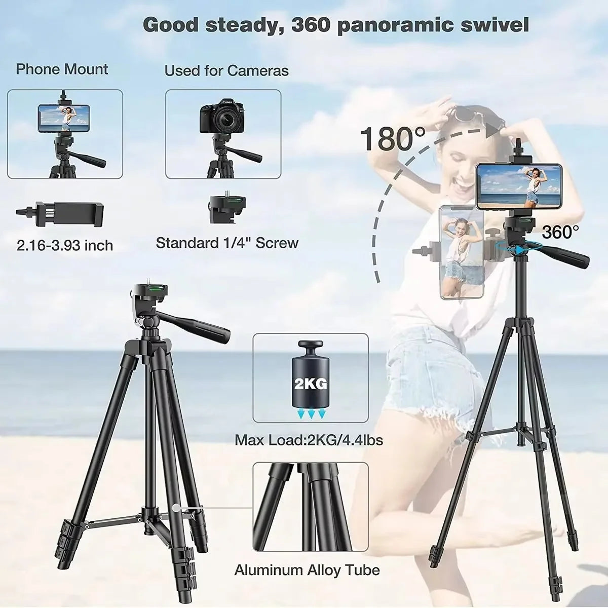 Tripod Stand Adjustable Height Wireless Remote Smartphone & DSLR Compatible