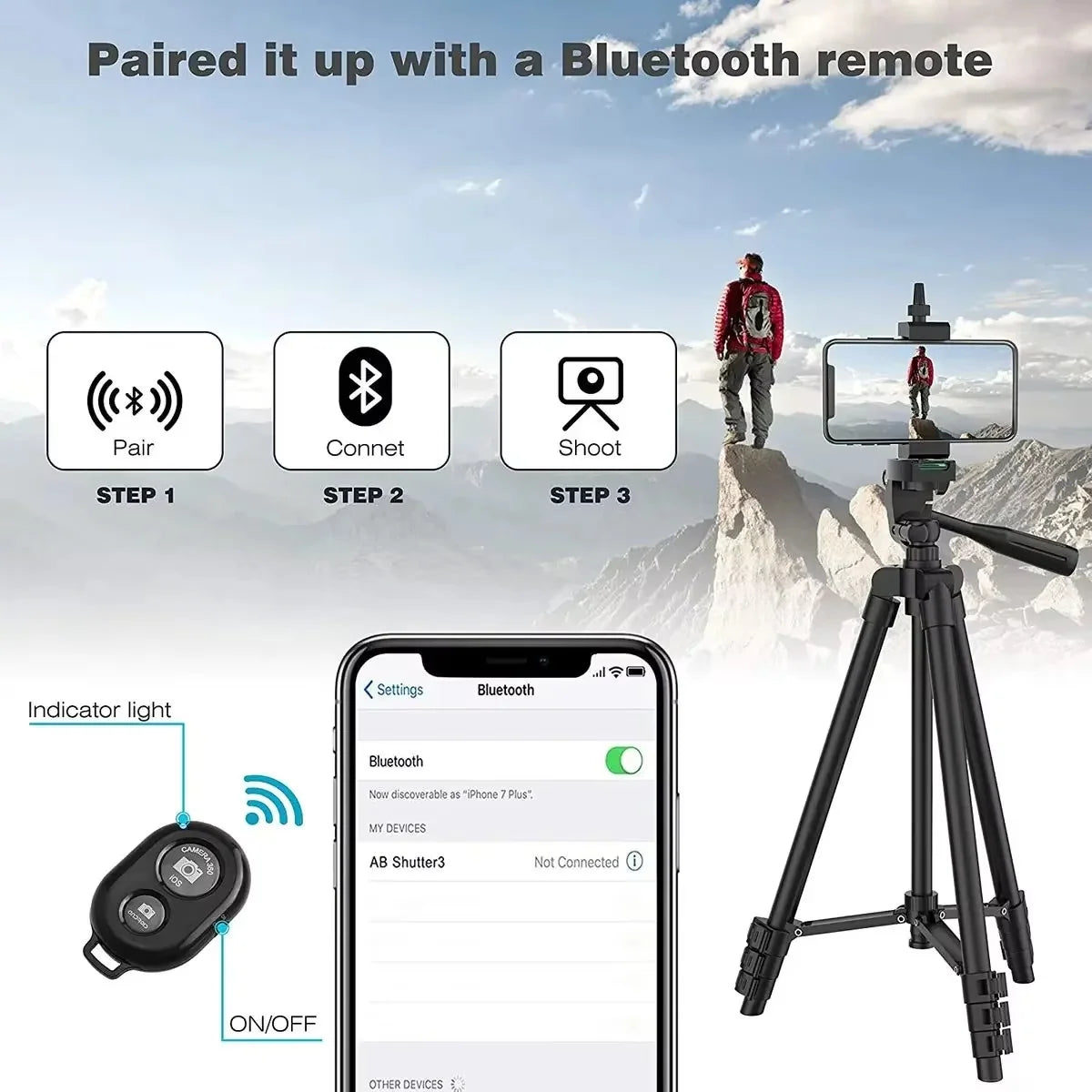 Tripod Stand Adjustable Height Wireless Remote Smartphone & DSLR Compatible