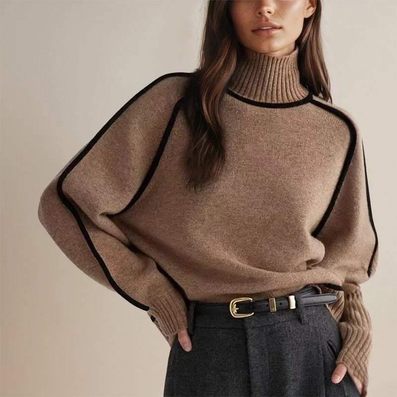 Turtleneck Sweater Color-Block Acrylic-Polyester Blend Regular Fit
