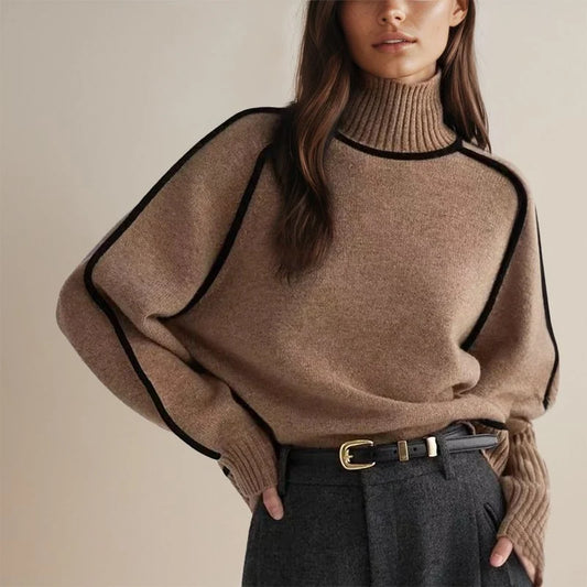 Turtleneck Sweater Color-Block Acrylic-Polyester Blend Regular Fit