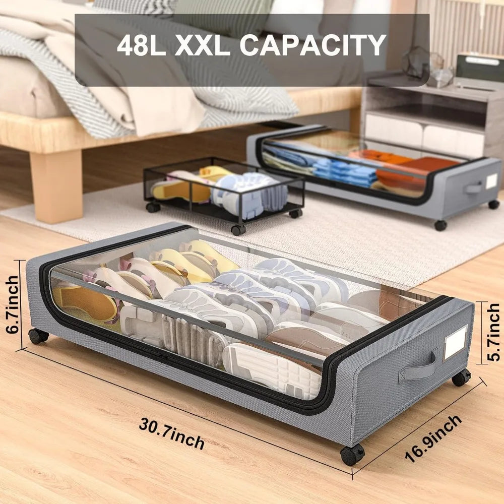 Underbed Storage Organizer 48L Locking Wheels Clear Window
