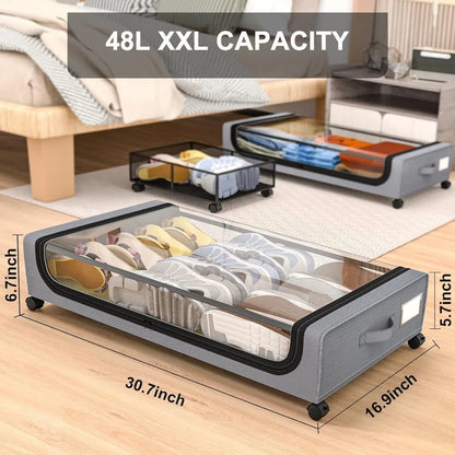Underbed Storage Organizer 48L Locking Wheels Clear Window