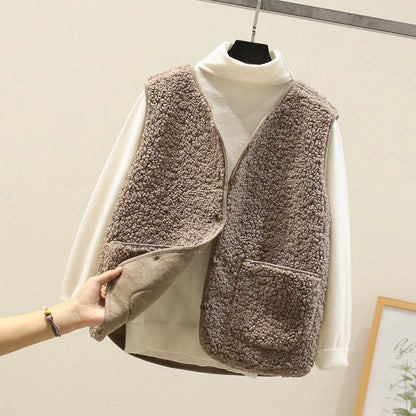 Vest Soft Lamb Fleece Button Front & Pockets