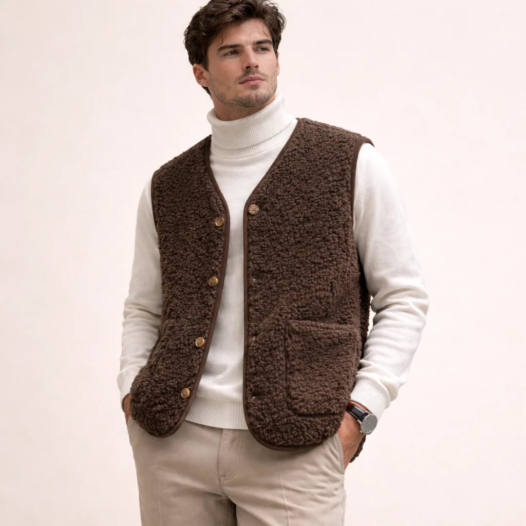 Vest Soft Lamb Fleece Button Front & Pockets