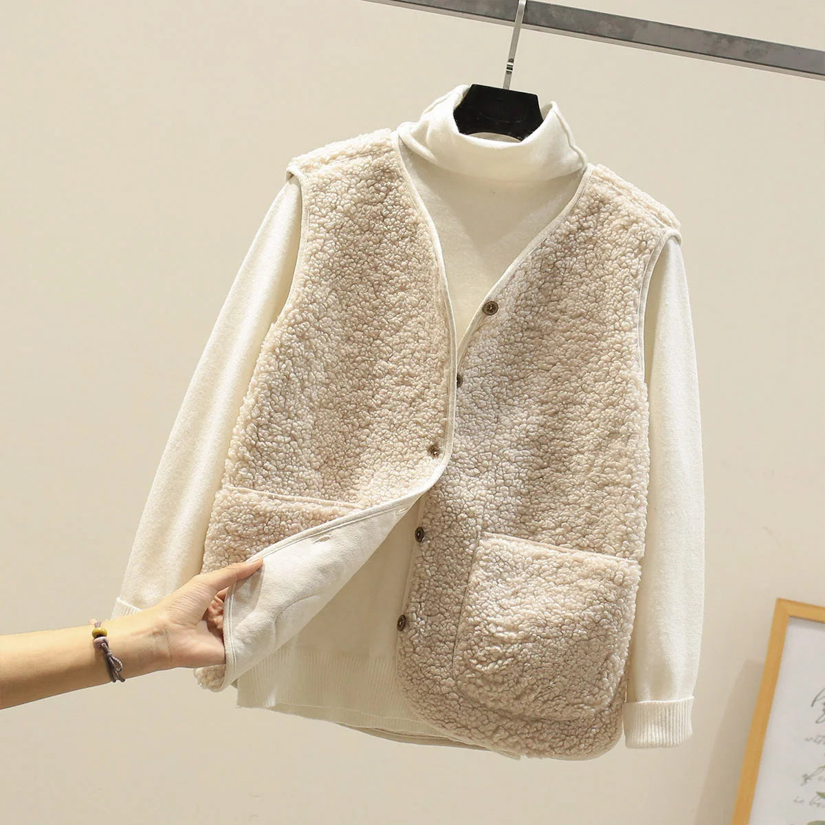 Vest Soft Lamb Fleece Button Front & Pockets