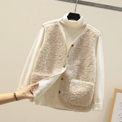 Vest Soft Lamb Fleece Button Front & Pockets