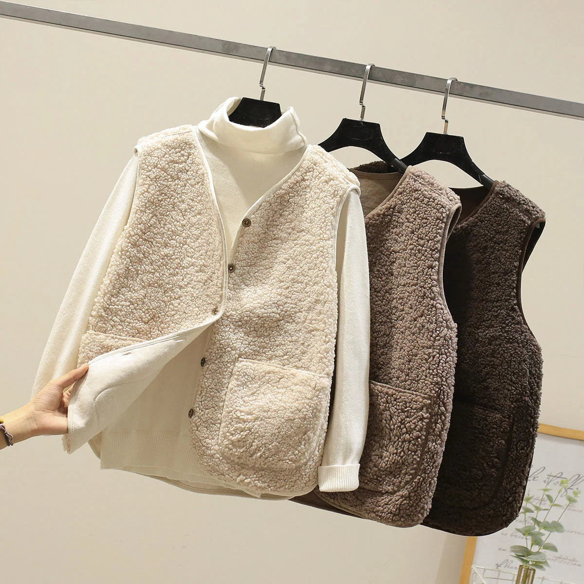 Vest Soft Lamb Fleece Button Front & Pockets