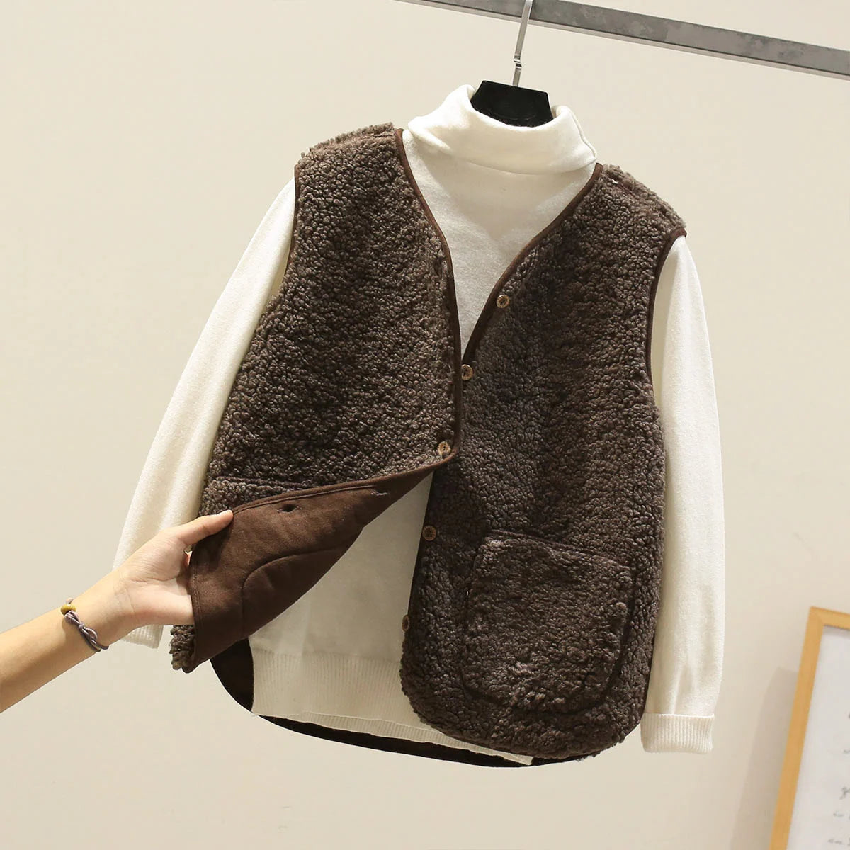 Vest Soft Lamb Fleece Button Front & Pockets