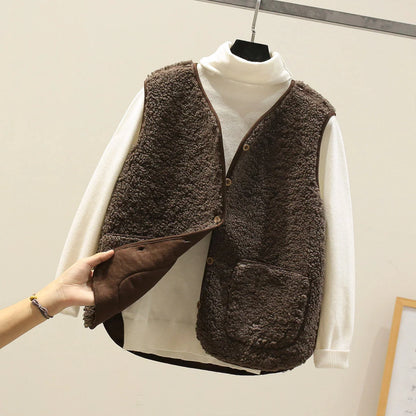 Vest Soft Lamb Fleece Button Front & Pockets